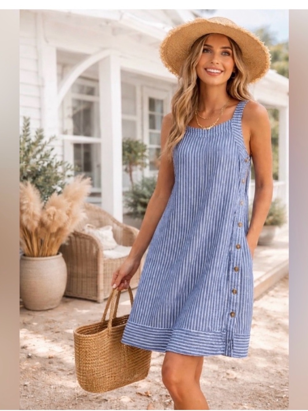 FORCYNTHIA Blue & White Vertical Stripe Linen Blend Beachy Dress XS EXCELLENT
